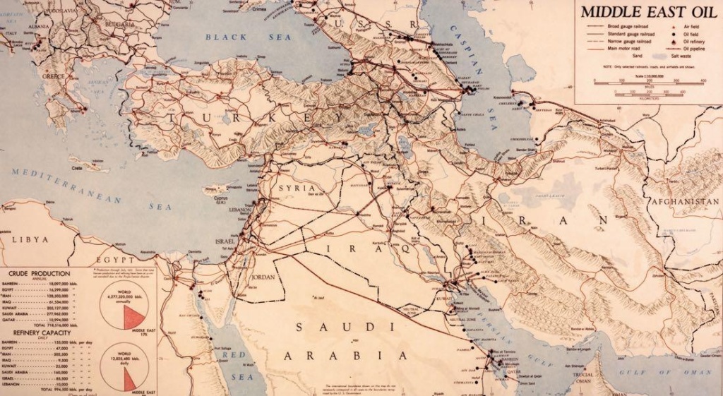 1951 год. Карта основных нефтяных месторождений и коммуникаций Ближнего Востока. Фото: ЦРУ