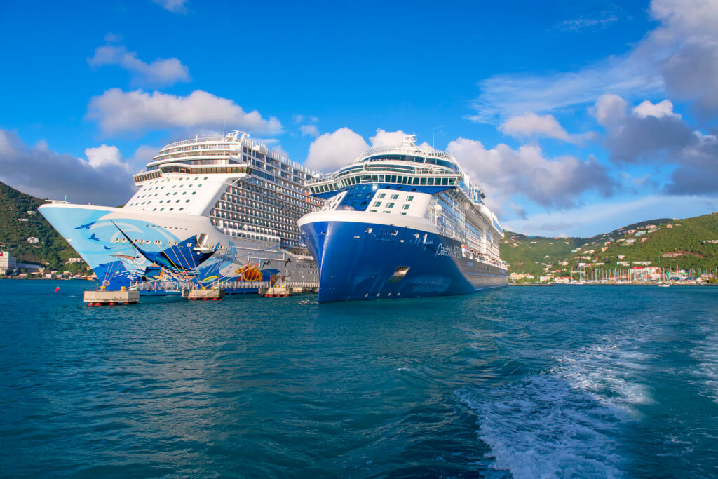 Cruise ships Celebrity Apex and Norwegian Escape moored in the port