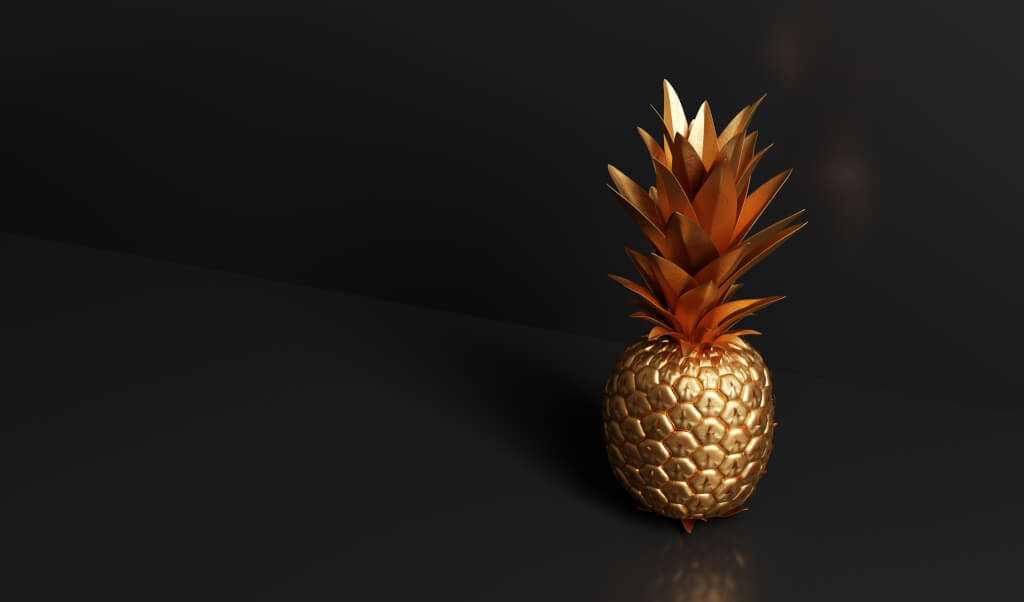 Gold pineapple decoration on black. 3D render