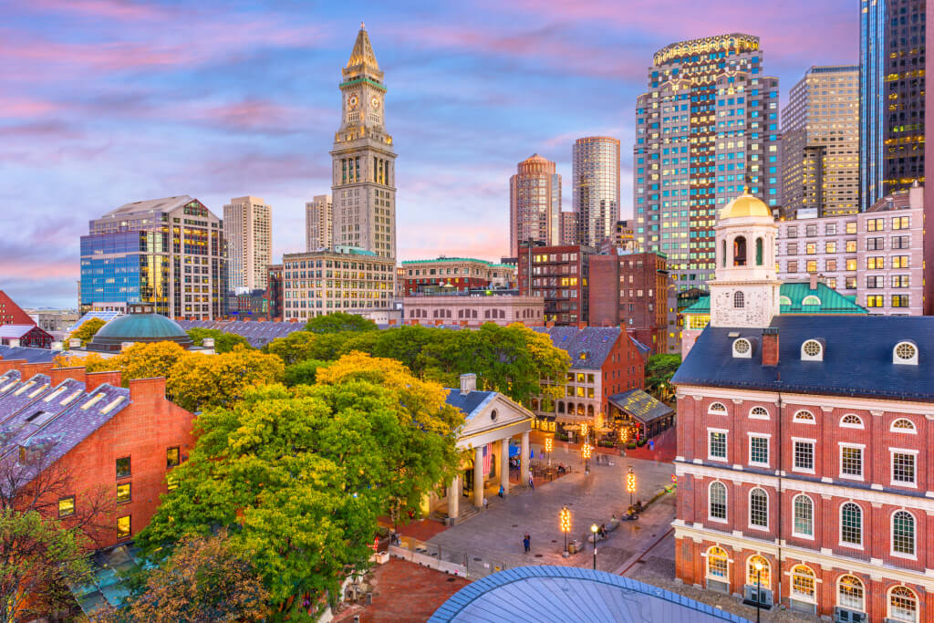 Boston, Massachusetts, USA skyline over Quincy Market.
