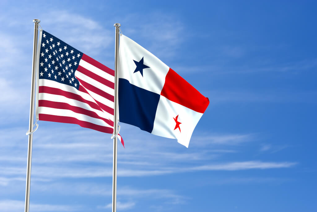 United States of America and Panama flags over blue sky background. 3D illustration