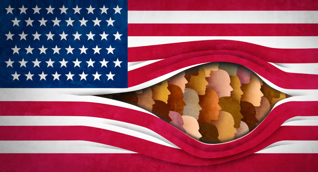 American Diversity and USA immigration or United States diverse population as US citizenship or community concept as a flag with multicultural people in a 3D illustration style.