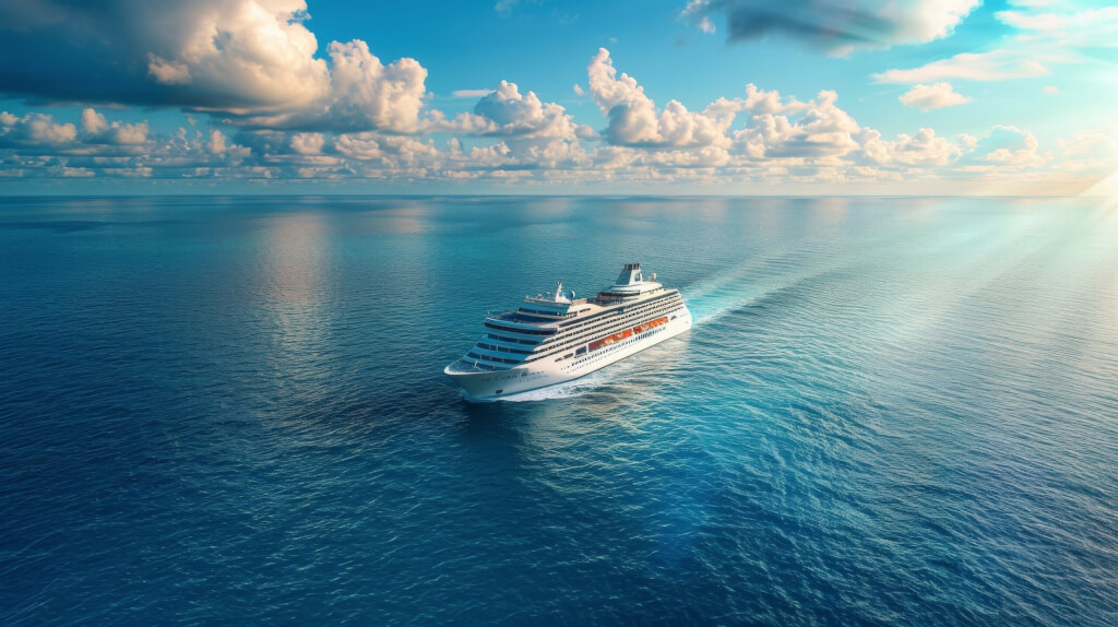 Cruise Ship Sailing in Open Ocean. A large cruise ship sailing on the vast ocean, surrounded by nothing but water and sky. AI Generative AI generated
